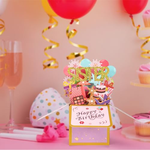 Sinbana 3D Pop Up Birthday Card for Sister - Colorful Greeting Card