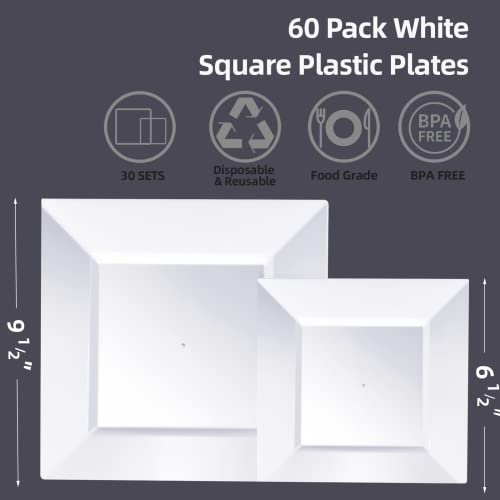 Disposable Plastic Plates 60 Pack Square Food-Grade BPA-Free Dinnerware - White / 60PCS