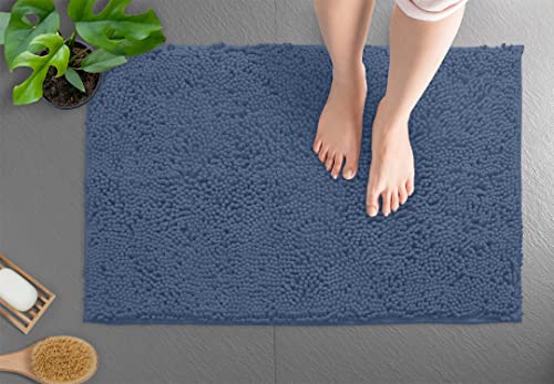 LuxUrux Medium Blue 30x20 Inch Soft Chenille Bath Rug Non-Slip Microfiber Floor Mat