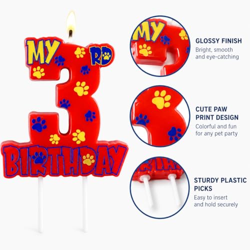 Number 3 Birthday Candle, Red Paw Print Cake Topper for Puppy Themed Party