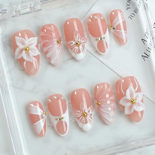 White French Tip Press on Nails Medium Almond with 3D Flowers