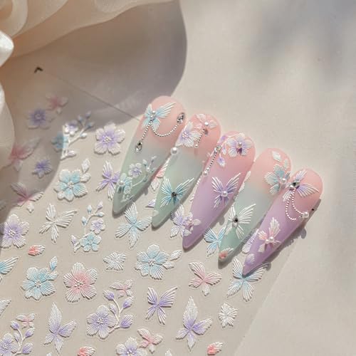 LIFOOST 5D Embossed Flower Nail Stickers Butterfly Floral Manicure Decals