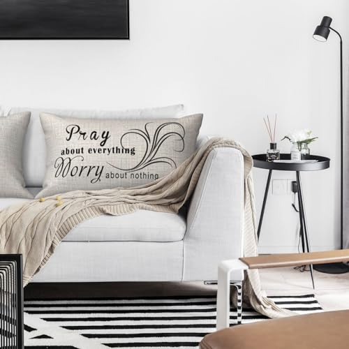 NIDITW Inspirational 12x20 Inch Cotton Linen Throw Pillow Cover - Pray About Everything
