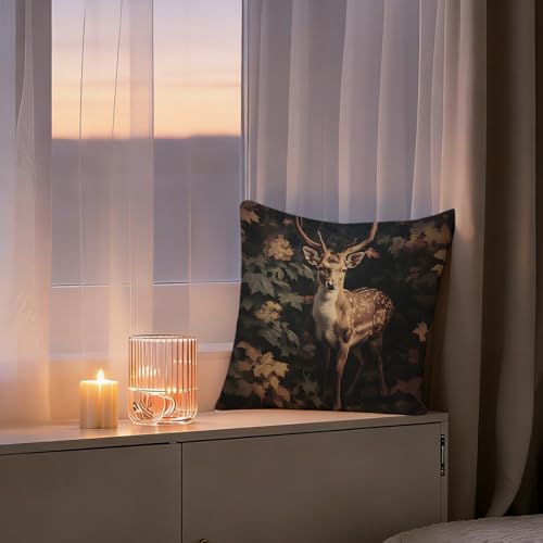 Vintage Deer Forest Pillow Cover 18x18 - Double-Sided Botanical Design