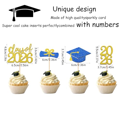 24Pcs Graduation Cupcake Toppers - Class of 2026 Black & Gold