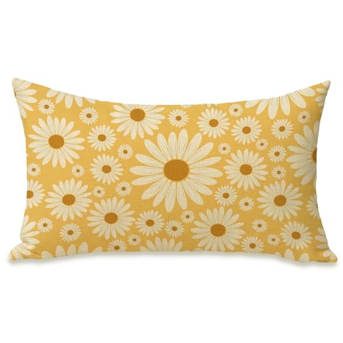 Fahrendom Daisy Flower Lumbar Pillow Cover 12x20 - Yellow Cotton Linen
