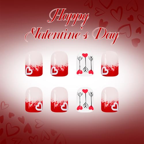 Valentine Press On Nails Short Square Red Glitter French Tip Heart False Nails