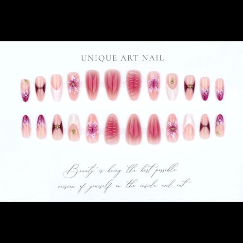 Medium Almond Press on Nails 3D Floral French Acrylic Fake Nails Kit