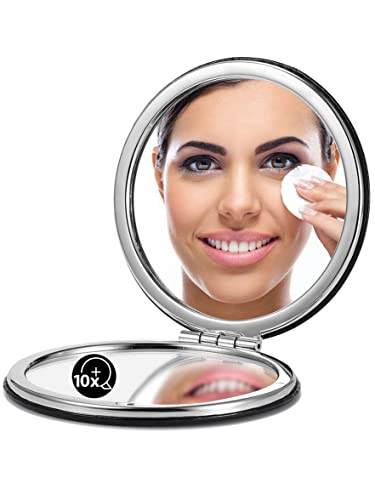 OMIRO 1X/10X Compact Magnifying Mirror for Travel - 2.8 in Black PU Leather