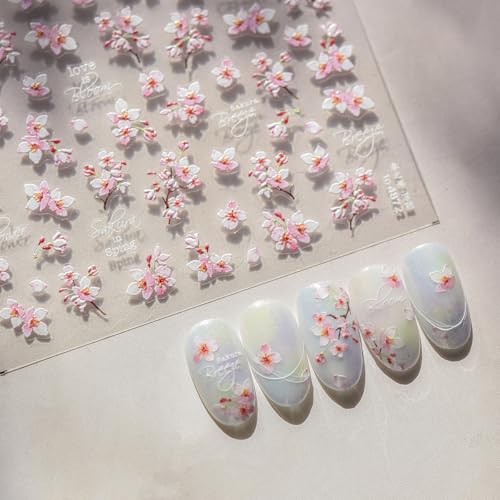 5D Embossed Cherry Blossom Nail Stickers Pink Floral Self-Adhesive Decals