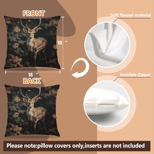 Vintage Deer Forest Pillow Cover 18x18 - Double-Sided Botanical Design