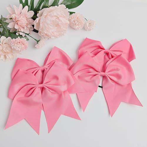AXEN 8-Inch Large Cheer Hair Bows with Ponytail Holder, Pink, 4 Pack