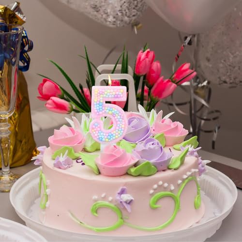 Lasuroa Number 5 Macaron Birthday Candle, Pink Glitter Cake Topper