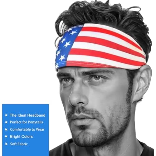 2 Pack American Flag Headband, Non-Slip Stretchy Sports Sweatbands for Men & Women, USA Flag Hairbands for Running, Basketball, Yoga, Workout, Exercise