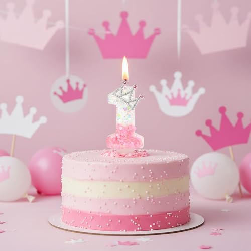 Pink Crown Number 1 Birthday Candle for Princess Parties