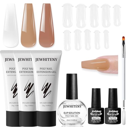 JEWHITENY Poly Nail Gel Set Neutral Colors with Slip Solution Base & Top Coat