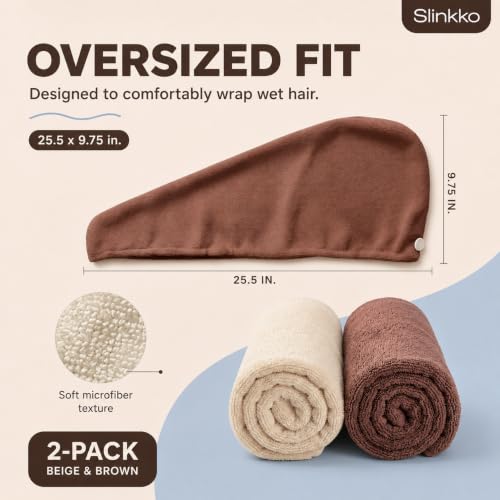 Microfiber Hair Towel Wrap for Women - Ultra Absorbent Beige & Brown