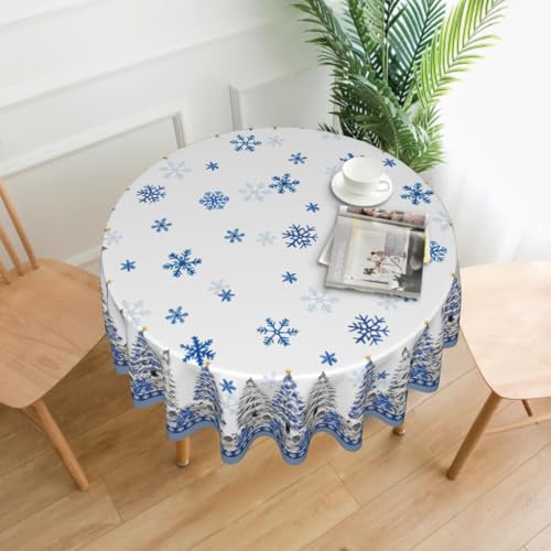 Giwawa Christmas Round Tablecloth 60 Inch Blue Xmas Trees Poinsettia Snowflakes Holiday Decor Variation of Xmas Trees / One Size