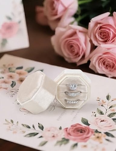 Cream Velvet Octagon Ring Box - 3 Slot Jewelry Holder for Wedding Proposal
