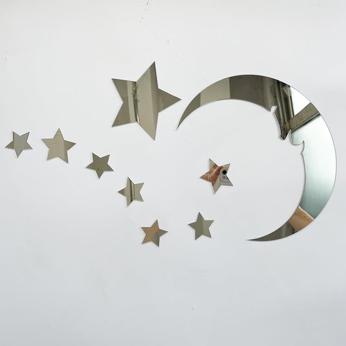 37pcs 3D Moon and Stars Silver Acrylic Wall Stickers with Adhesive Art Decal Satin Paper Baby Kids Bedroom Home DIY Decor Removable Stickers (Moon and Stars)