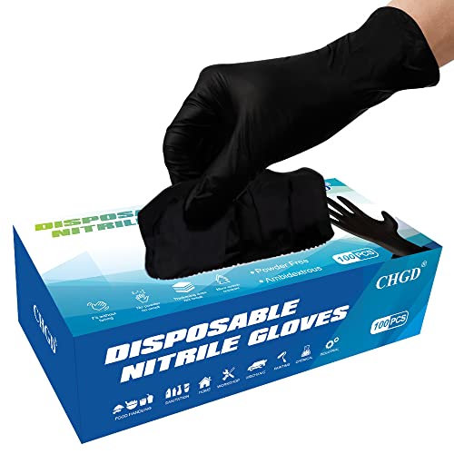CHGD Disposable Nitrile Gloves, Powder-Free, Black, X-Large (100 Count)
