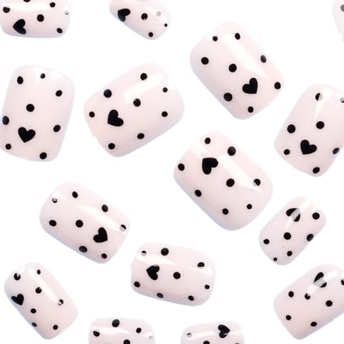 Valentine Short Square Press on Nails Black Heart Glossy 24 Pcs