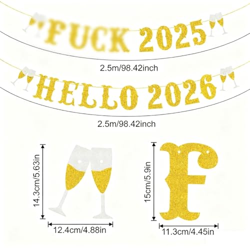 Happy New Year 2026 Banner Decor - 21 pcs Cardstock with Ribbon