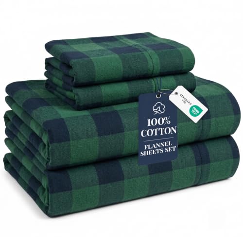 Cotton Flannel Sheets Set Cal King Size Green Buffalo Checks - Extra Soft & Cozy