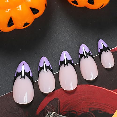 Halloween Press on Nails Short Almond False Nails Black Bat Purple French Tip