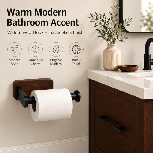 Wall-Mounted Wood and Matte Black Toilet Paper Holder for Bathroom