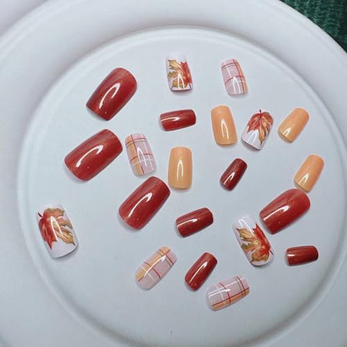 Fall Maple Leaf Press On Nails Medium Square Thanksgiving False Nails