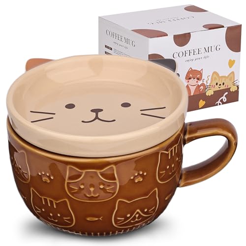 Brown Ceramic Cat Coffee Mug with Lid, Cute Gift for Cat Lovers