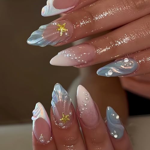 CUZIAM Blue Ocean Press on Nails Medium Almond Pearl Starfish False Nails