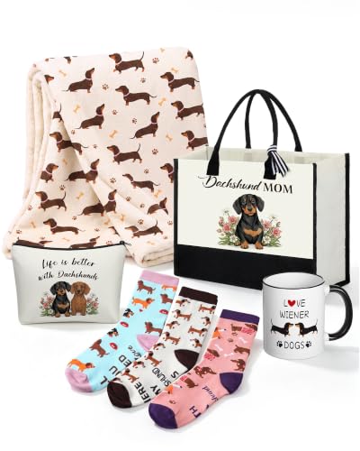 Dachshund Gift Set for Women - Dog Mom Gifts with Blanket, Tote, Socks & Mug - Variation of Dachshund