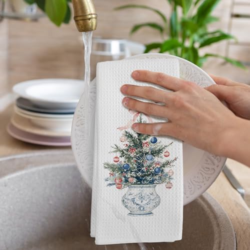 Christmas Wreath Coquette Chinoiserie Kitchen Towels Set of 2 - Pink, Blue & White, 16x24 Inches, Wreath Variation
