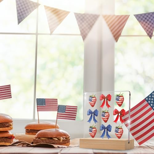 Patriotic Strawberry Acrylic Plaque with Wooden Stand for Independence Day Decor