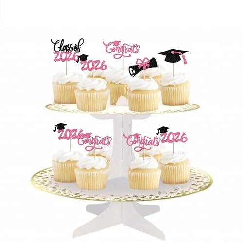 30 PCS Pink Glitter 2026 Graduation Cupcake Toppers Diploma Cap Picks