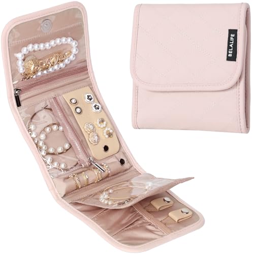 BELALIFE Pink Travel Jewelry Case - Compact Organizer Roll for Accessories
