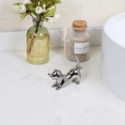 HOME SMILE Silver Ceramic Dog Ring Holder - Small Jewelry Dish Organizer