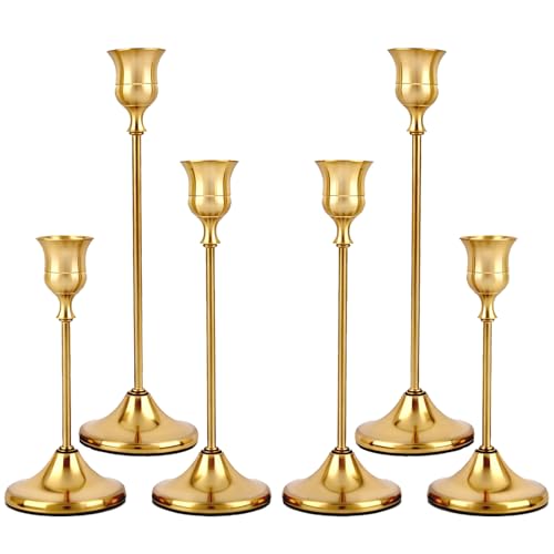 Set of 6 Gold Brass Candle Holders - Elegant Taper Holders