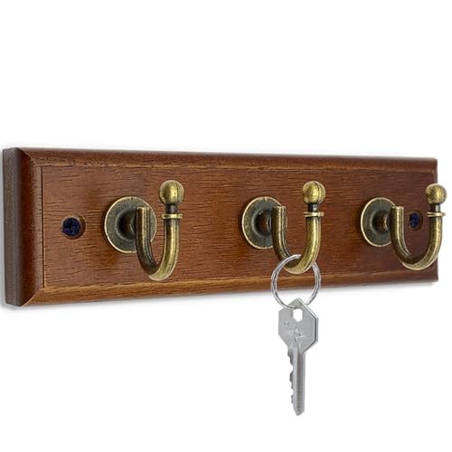 6.7 Inch Wooden Key Holder with 3 Retro Hooks - Wall Mounted Key Rack