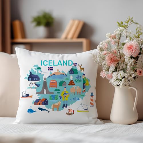 Iceland Travel Map Throw Pillow Cover - 18x18 Soft Flannelette