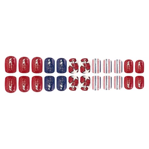 4th of July Short Square Press on Nails Star Acrylic Fake Nails 24Pcs