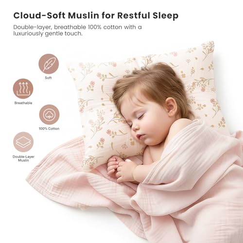 Konssy 2 Pack Floral Pink Muslin Toddler Pillowcases 13x18