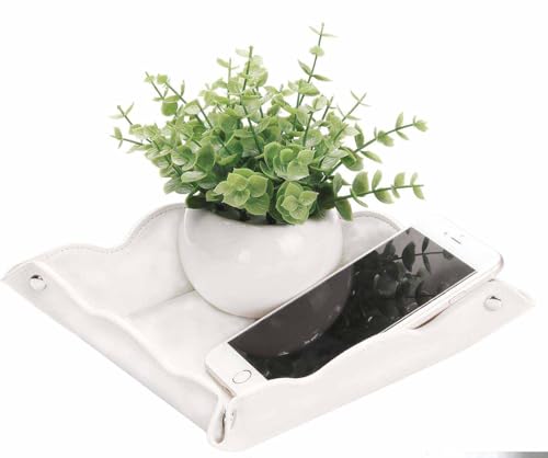 White PU Leather Valet Tray - Foldable Travel Catchall Organizer