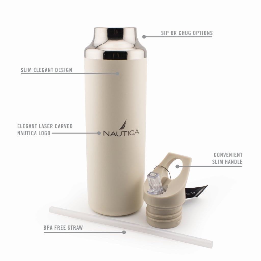 Nautica Insulated 21oz Sleek Stainless Steel Water Bottle with Flip Lid Straw, Leakproof, BPA-Free, Wide Mouth, Keeps Drinks Hot or Cold, Sports Bottle Ideal for Gym, Hiking and Travel (TAUPE)