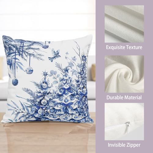 Blue Christmas Tree Pillow Covers Set of 2 18x18 Inches - Winter Holiday Outdoor Throw Pillowcases