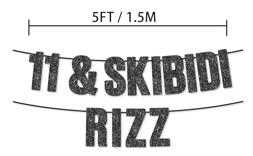 Skibidi Rizz 11th Birthday Black Glitter Banner Gen Z Party Supplies