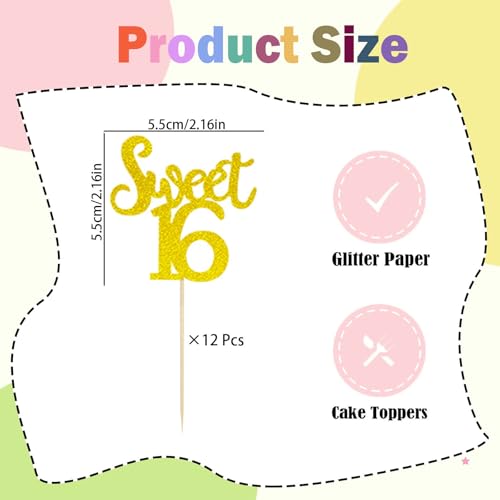 12 PCS Sweet 16 Glitter Cupcake Toppers – Yellow Cake Decorations