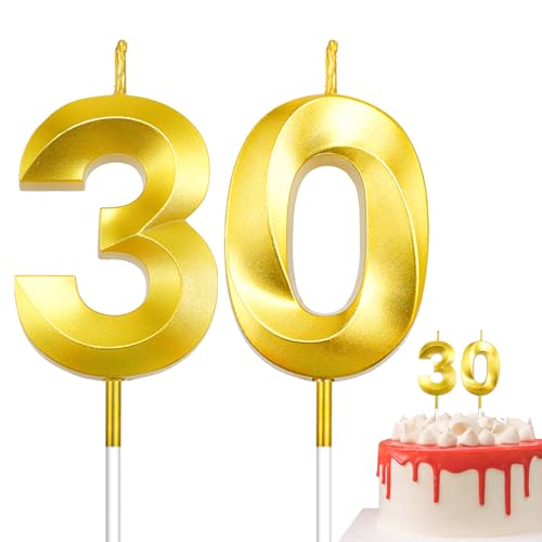 Gold Number 30 Birthday Candles - Elegant Cake Topper Set